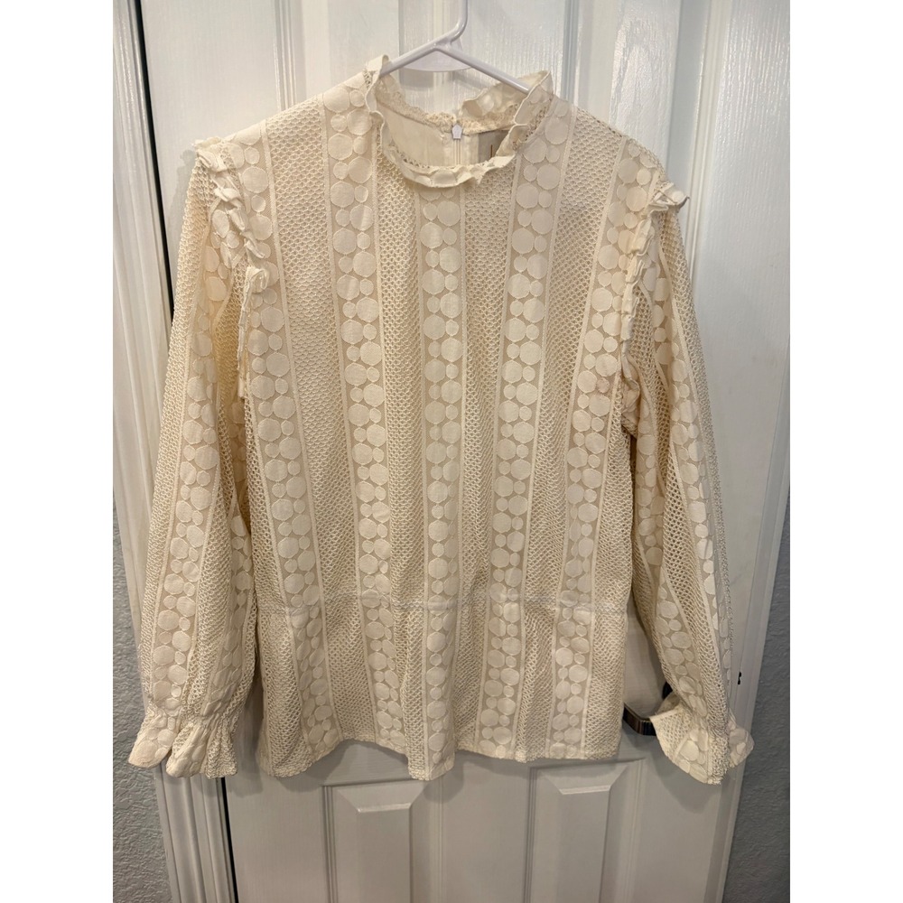 Luxe Label Blouse Ivory Lace Ruffle High Neck Long Sleeve Victorian Mesh Top